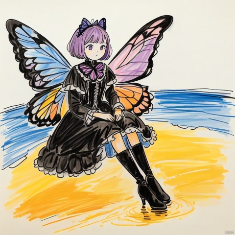  colored_pencil_drawing, masterpiece, best quality, 1girl, solo, dress, wings, butterfly wings, butterfly, short hair, bug, purple eyes, boots, sitting, outdoors, high heels, black dress, water, lolita fashion, knee boots, long sleeves, black footwear, full body, ripples, high heel boots