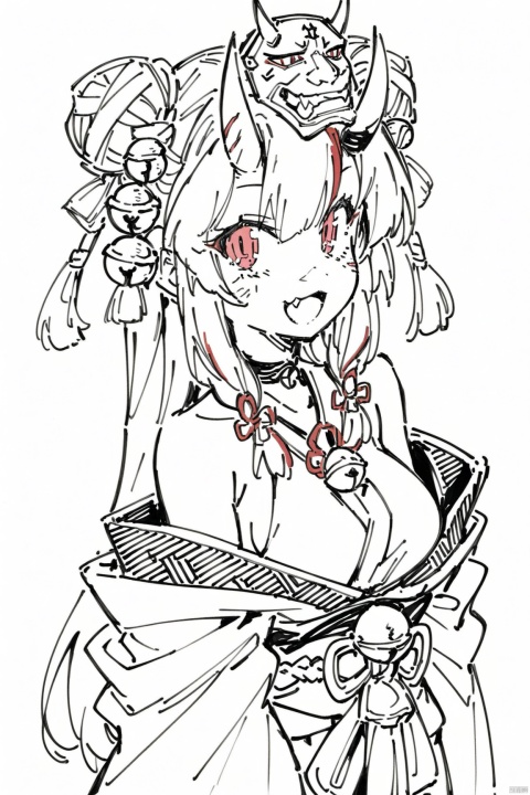  line-drawing-style,monochrome,full shot, greyscale,(best quality),(masterpiece),1girl, solo, bell, hair bell, virtual youtuber, nakiri ayame, long hair, horns, red eyes, hair ornament, double bun, hair bun, smile, mask, white hair, oni horns, oni mask, upper body, multicolored hair, blush, white background, open mouth, jingle bell, japanese clothes, mask on head, red hair, bare shoulders, kimono, simple background, streaked hair, holding, off shoulder, bangs, :d, tassel, oni, breasts, fang