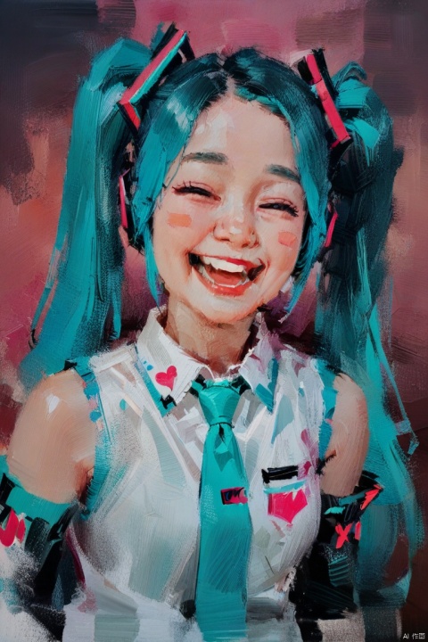 oil_painting, oil-painting-style,(masterpiece, best quality),
1girl, hatsune miku, solo, twintails, long hair, closed eyes, aqua hair, heart, detached sleeves, open mouth, sleeveless shirt, shirt, smile, very long hair, sleeveless, blush stickers, pink eyes, simple background, hair ornament, bangs, upper body, necktie, white background, no nose, aqua necktie