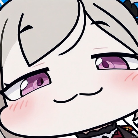close-up, chibi, smug, 1girl, mutsuki \(blue archive\), solo, purple eyes, looking at viewer, hair ornament, blush, :3, smile, white hair, closed mouth, portrait, grey hair