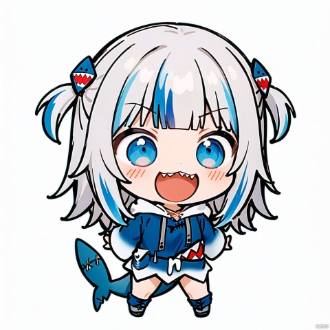 smile, :d, chibi,full_body,(masterpiece),(best quality),1girl, gawr gura, virtual youtuber, tail, fish tail, shark tail, solo, blue eyes, multicolored hair, grey hair, full body, blue hair, streaked hair, bangs, hair ornament, shark hair ornament, two side up, white background, hood, blunt bangs, shark girl, hoodie, simple background, blue hoodie