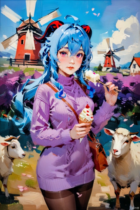 oil_painting, oil-painting-style,(masterpiece, best quality),
1girl, ganyu \(genshin impact\), solo, outdoors, long hair, goat horns, ice cream, horns, flower, purple eyes, blue hair, sweater, petals, looking at viewer, pantyhose, food, bag, turtleneck, ahoge, bangs, blush, windmill, purple flower, sheep, turtleneck sweater, holding, fence, breasts, cloud, day, long sleeves, sky, handbag, shoulder bag, building, falling petals, cowboy shot, closed mouth, floating hair, dress, animal, black pantyhose, purple sweater, hair between eyes, pink flower, medium breasts, standing, sidelocks, cable knit, blue sky, tree, holding food