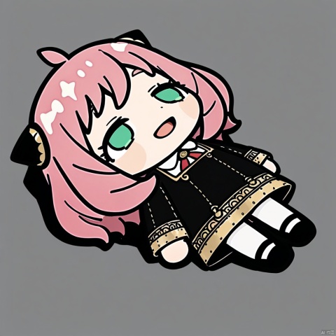 lying-on-back, chibi,(masterpiece),(best quality),Anya Forger, 1girl, anya \(spy x family\), solo, female child, pink hair, green eyes, school uniform, eden academy school uniform, smile, dress, sitting, looking at viewer, open mouth, black footwear, black dress, child, shirt, :d, long sleeves, full body, shoes, medium hair, bangs, ahoge, white pantyhose, collared shirt