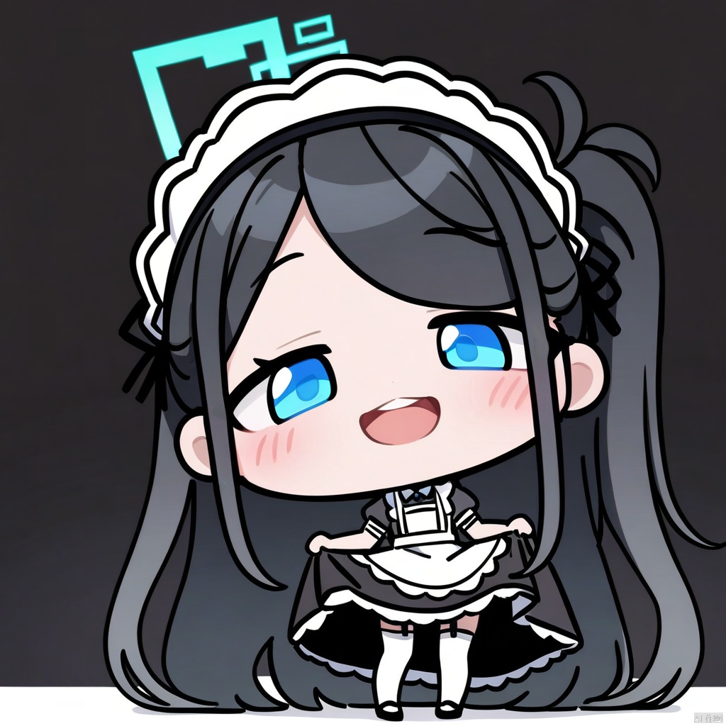 close-up, chibi, smug, (masterpiece),(best quality),masterpiece,best quality,very aesthetic,absurdres,newest,
BREAK
sdorica composition,black background,simple background,character name,
BREAK
1girl, solo, aris \(blue archive\), aris \(maid\) \(blue archive\), halo, long hair, black hair, thighhighs, white thighhighs, apron, blue eyes, official alternate costume, maid headdress, maid, very long hair, full body, simple background, white background, short sleeves, open mouth, dress, looking at viewer, maid apron, white apron, black footwear, borrowed clothes, shoes, black dress, frilled apron, frills, blush, upper teeth only, ponytail, smile, puffy sleeves, standing, side ponytail, teeth, puffy short sleeves, absurdly long hair, garter straps, skirt hold, bow, sidelocks,