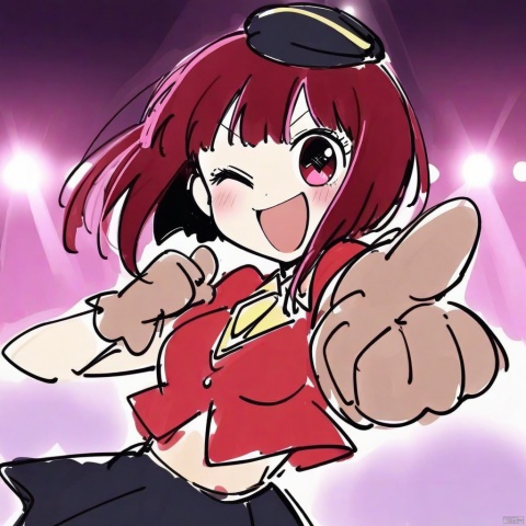  (sketch-style), (masterpiece),(best quality), 1girl, arima kana, oshi no ko, solo, idol, idol clothes, one eye closed, red shirt, black skirt, black headwear, gloves, stage light, singing, open mouth, crowd, smile, pointing at viewer, masterpiece, best quality
