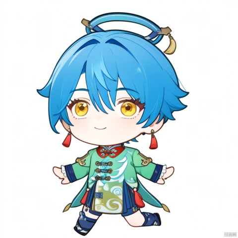 1boy, xingqiu \(genshin impact\), solo, male focus, blue hair, jewelry, long sleeves, earrings, smile, bangs, yellow eyes, frilled sleeves, single earring, chibi, frills, closed mouth, tassel, tassel earrings, simple background, chinese clothes, short hair, jacket,chibi,style-parody,full_body