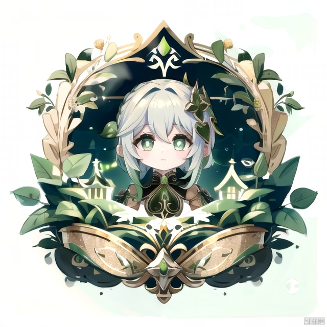 (logo,graphic:1.3),(beautiful detailed eyes), green_eyes,+_+,white_and_green_hair,
white_background,nahida (genshin impact),