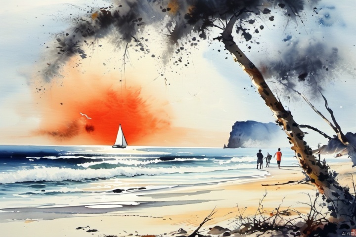 scenery, outdoors,(Camping by the seaside:1.2),(sense of modernity:1.2),(camp),1boy,(on the beach:1.2), painting \(medium\), traditional media, branch, watercolor\(medium\), ink-painting