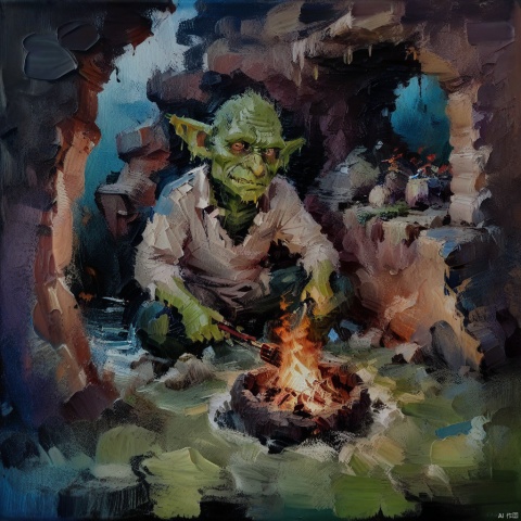  oil_painting, oil-painting-style, a goblin starting a fire in his damp and depressing cramped cave