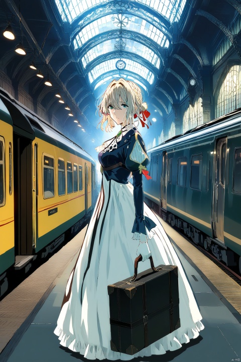  sbrasi-style, 1girl, violet evergarden, violet evergarden \(series\), , masterpiece, best quality, very aesthetic, absurdres, official art,
King's Cross station, train, London, looking at viewer,
medium breasts, holding trunk case, dress,