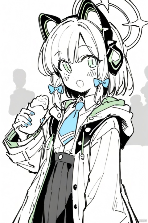  line-drawing-style,monochrome,full shot, greyscale,(best quality),(masterpiece),1girl, midori \(blue archive\), blue archive, aiamu iamu, holding food, holding, hooded jacket, food, sidelocks, :d, collared shirt, blurry, long sleeves, puffy sleeves, headphones, blue bow, hand up, necktie, upper body, halo, looking at viewer, jacket, sleeves past wrists, blush, nail polish, blue necktie, animal ear headphones, blurry background, blonde hair, shirt, green eyes, hood down, open clothes, depth of field, hood, smile, white jacket, fake animal ears, bow, puffy long sleeves, open jacket, solo, dress shirt, animal ears, white shirt, blue nails, hair bow, long hair, drawstring, sweet potato,