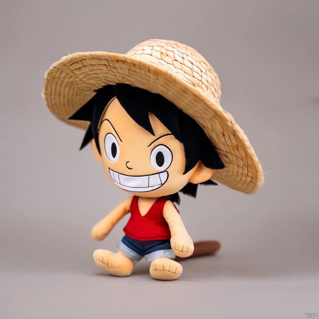 stuffed-toy, 1boy, monkey d. luffy, solo, male focus, straw hat with red edge, black hair, sandals, shorts, open mouth, smile, simple background, scar, black eyes,red background