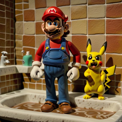 claymation-style,clay,mario,mustache,pokemon \(creature\),1boy,facial hair,hat,pikachu,overalls,gloves,male focus,brown hair,faucet,shirt,standing,red shirt,brown footwear,sink,bathroom,white gloves,