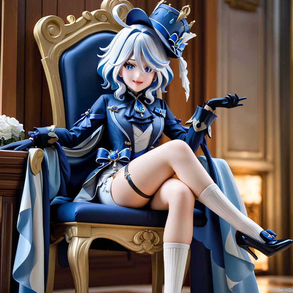 1girl, furina \(genshin impact\), heterochromia, mismatched gloves, top hat, blue jacket, ascot, waist bow, short shorts, thigh strap, high heels, frilled socks, waist cape, looking at viewer, sitting, smug, open mouth, ojou-sama pose, crossed legs, throne, indoors, , masterpiece, furina, figure