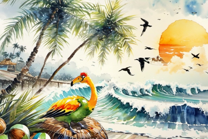  ink-painting,ink anf wash,scenery, bird, outdoors,npainting \(medium\), traditionalmedia,branch,watercolor\(medium\),
surfing, bird, cloud, sky, sunglasses, palm, coconut, holding the coconut, smile, close eyes, colorful crown, beak, sea wave, surfboard,
