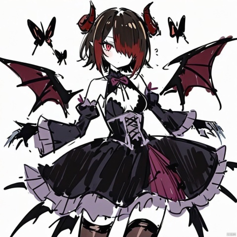  (masterpiece),(best quality), (masterpiece),(best quality), 1girl, wings, butterfly, thighhighs, horns, solo, bug, black hair, detached sleeves, red eyes, looking at viewer, demon wings, hair over one eye, dress, lolita fashion, gothic lolita, breasts, flower, demon horns, black thighhighs, gothic, hair ornament, claw ring, medium breasts, short hair, demon girl, long sleeves, black dress, sketch-style,