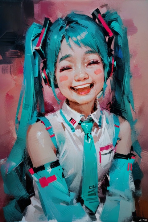 oil_painting, oil-painting-style,(masterpiece, best quality),
1girl, hatsune miku, solo, twintails, long hair, closed eyes, aqua hair, heart, detached sleeves, open mouth, sleeveless shirt, shirt, smile, very long hair, sleeveless, blush stickers, pink eyes, simple background, hair ornament, bangs, upper body, necktie, white background, no nose, aqua necktie