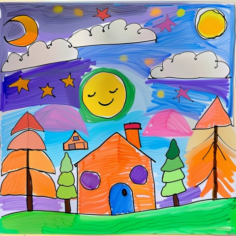  children-drawing, a colorful drawing of the moon, sun, and trees. in this artwork, there is an orange house situated in front of some pine trees with green leaves. above the house, a yellow smiley face can be seen on the moon, adding a playful touch to the scene.
the sky above the house appears to have clouds, giving it a more dynamic atmosphere. there are also two small airplanes visible within the picture, one nearer to the top left corner and another slightly below the middle area.