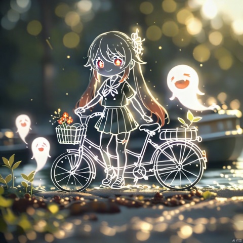 lineart,chibi, (masterpiece,best quality),1girl, hu tao \(genshin impact\), ground vehicle, twintails, red eyes, bicycle, brown hair, hair ornament, skirt, looking at viewer, symbol-shaped pupils, long hair, solo, hair flower, flower, boo tao \(genshin impact\), smile, school uniform, outdoors, ghost, boat, shirt, bag, short sleeves, holding, watercraft, shoes, plaid, alternate costume, thigh strap,lineart