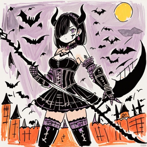  colored-pencil-style, colored_pencil_drawing, masterpiece, best quality, 1girl, solo, scythe, tattoo, holding, thighhighs, chain, purple eyes, holding weapon, holding scythe, looking at viewer, earrings, moon, weapon, breasts, armor, gauntlets, jewelry, bat \(animal\), bare shoulders, corset, black hair, gothic lolita, cowboy shot, dress, hair between eyes, sleeveless, facial tattoo, frills, black thighhighs, medium breasts, bangs, skirt, hair over one eye, lolita fashion, closed mouth, horns, facial mark, night, boots
