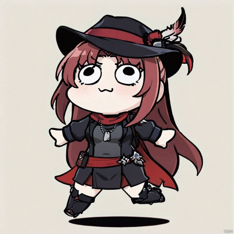  1girl, solo,red hair, black hat, hat feather, red scarf, black jacket, dog_tags,
,style_parody,chibi,full_body, style-parody