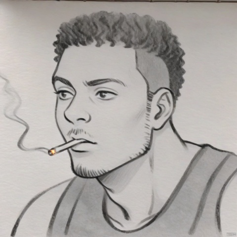 NBA star,Kobe Brayant,1man,smoking,
,traditional media,greyscale,monochrome,