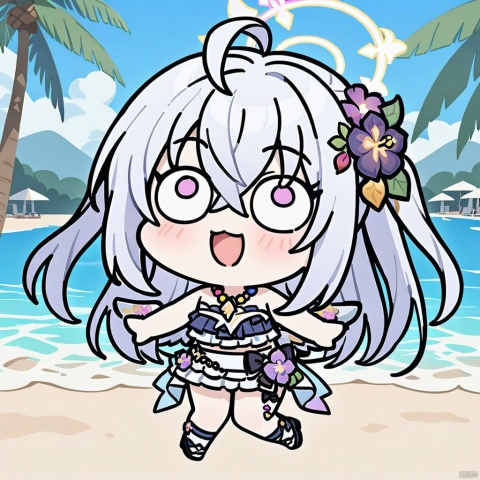  style-parody,chibi,full_body,(masterpiece),(best quality),1girl, solo, hair ornament, azusa (blue archive), swimsuit, hair flower, bikini, long hair, flower, necklace, jewelry, frilled bikini, looking at viewer, frills, hair between eyes, blush, open mouth, purple eyes, smile, wings, halo, bow, bead necklace, strapless, beads, ahoge, bare shoulders, strapless bikini, outdoors, purple flower, official alternate costume, knees up, crossed bangs, white hair