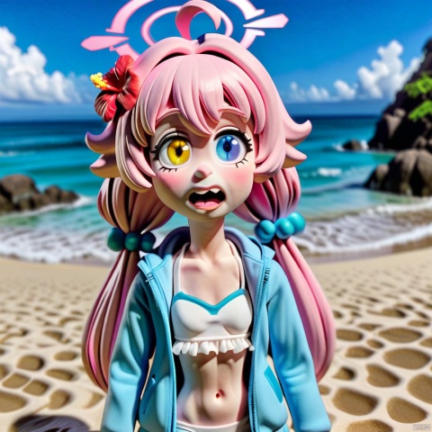 claymation-style,solo, red flower, 1girl, hoshino (blue archive), flower, blue jacket, hoshino (swimsuit) (blue archive), hair ornament, white bikini, frilled bikini, heterochromia, swimsuit, twintails, long hair, ahoge, yellow eyes, bikini, navel, halo, blush, looking at viewer, jacket, frills, low twintails, blue eyes, open mouth, pink hair, collarbone, hair between eyes, hair bobbles, outdoors, long sleeves, hair flower, official alternate costume, hibiscus, open clothes, blurry