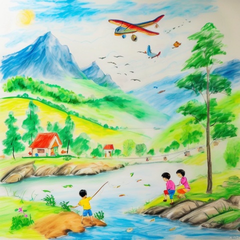 children-drawing, colorful drawing, mountainous landscape, river flowing, several trees, natural beauty, picturesque setting, airplane flying, sense of motion, movement, artwork, two people, enjoying their time, water’s edge, stunning view, outdoor activities, fishing, picnicking, riverside