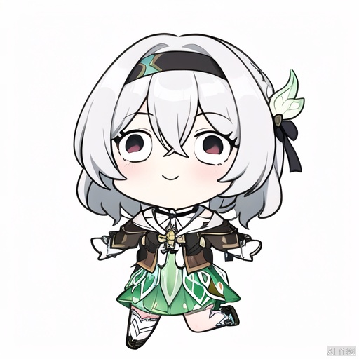 style-parody, 1girl, solo, chibi, liuying, 1girl, black jacket, white shirt, green skirt, silver hair, white hair