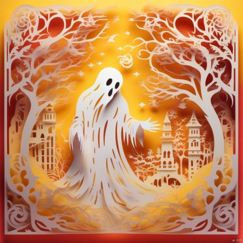 paper-cut of a ghost with lingering regrets in an vibrant colored enchanted wonderland, magical, whimsical, fantasy art concept, steampunk, intricate details, best quality, masterpiece, ultra sharp, yellow theme background, 