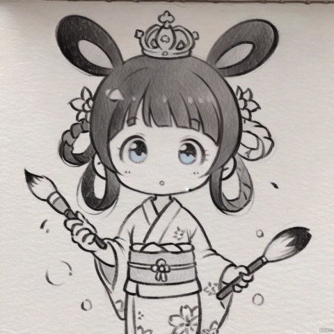 traditional media, monochrome, greyscale,masterpiece, best quality, 1girl, animal ears, rabbit ears, solo, water, long hair, japanese clothes, kimono, looking at viewer, crown, blue eyes, holding, bangs, ripples, reflection, flower, hair ornament, parted lips, hair rings, black hair, sash, braid, paintbrush, brown hair, multicolored hair, floral print, from above, holding brush