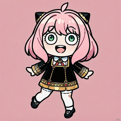 style-parody,chibi,full_body,(masterpiece),(best quality),Anya Forger, 1girl, anya \(spy x family\), solo, female child, pink hair, green eyes, school uniform, eden academy school uniform, smile, dress, sitting, looking at viewer, open mouth, black footwear, black dress, child, shirt, :d, long sleeves, full body, shoes, medium hair, bangs, ahoge, white pantyhose, collared shirt