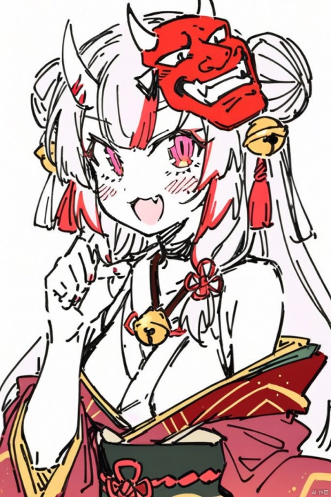  line-drawing-style,(best quality),(masterpiece),1girl, solo, bell, hair bell, virtual youtuber, nakiri ayame, long hair, horns, red eyes, hair ornament, double bun, hair bun, smile, mask, white hair, oni horns, oni mask, upper body, multicolored hair, blush, white background, open mouth, jingle bell, japanese clothes, mask on head, red hair, bare shoulders, kimono, simple background, streaked hair, holding, off shoulder, bangs, :d, tassel, oni, breasts, fang