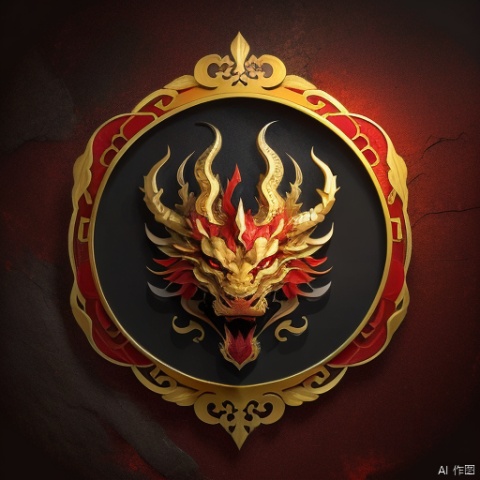 logo,chinese dragon,golden,scales, dragon horns, red hair, dragon claws, Symmetrical beauty