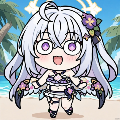 style-parody,chibi,full_body,(masterpiece),(best quality),1girl, solo, hair ornament, azusa (blue archive), swimsuit, hair flower, bikini, long hair, flower, necklace, jewelry, frilled bikini, looking at viewer, frills, hair between eyes, blush, open mouth, purple eyes, smile, wings, halo, bow, bead necklace, strapless, beads, ahoge, bare shoulders, strapless bikini, outdoors, purple flower, official alternate costume, knees up, crossed bangs, white hair