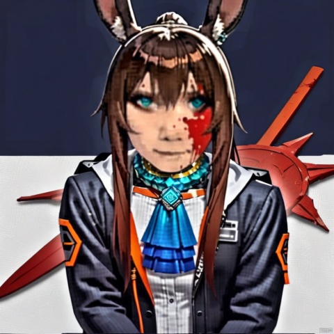 longtu-face,face,(masterpiece),(best quality),1girl, animal ears, amiya (arknights), solo, blue eyes, rabbit ears, long hair, holding, looking at viewer, blood, weapon, blue ascot, upper body, holding weapon, brown hair, ascot, hair between eyes, sword, holding sword, jacket, blood on face, closed mouth, open clothes, sidelocks, open jacket, jewelry, shirt, neck ring, white shirt, black jacket, ponytail, glowing,