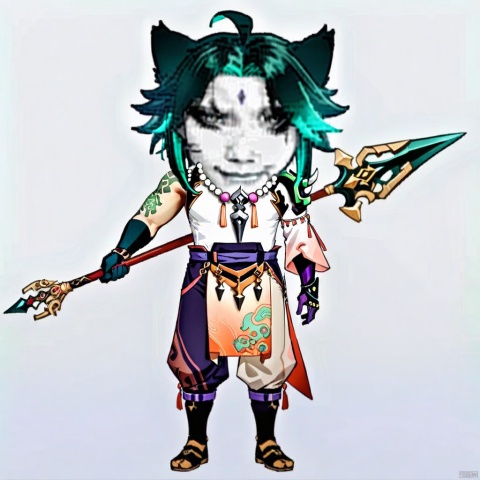 longtu-face,full_body,(masterpiece),(best quality),1boy, solo, xiao \(genshin impact\), weapon, male focus, necklace, polearm, white background, jewelry, holding weapon, simple background, holding, smile, multicolored hair, bead necklace, green hair, full body, gloves, holding polearm, spear, asymmetrical clothes, tattoo, beads, ahoge, standing, closed mouth, bangs, detached sleeves, looking at viewer, facial mark, arm guards