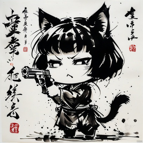  (ink-style,ink_wash_painting), (masterpiece),(best quality), chibi, 1girl, solo, cat ears,:<,holding handgun,simple background, white background, squinting, aiming, full body,

