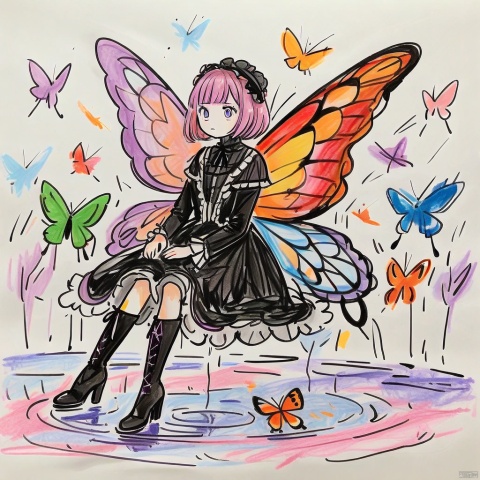  colored_pencil_drawing, masterpiece, best quality, 1girl, solo, dress, wings, butterfly wings, butterfly, short hair, bug, purple eyes, boots, sitting, outdoors, high heels, black dress, water, lolita fashion, knee boots, long sleeves, black footwear, full body, ripples, high heel boots, colored-pencil-style