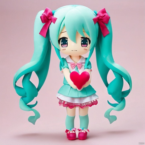 stuffed-toy, full body, a stuffed doll of 1girl, hatsune miku, solo, twintails, long hair, closed eyes, aqua hair, heart, detached sleeves, open mouth, sleeveless shirt, shirt, smile, very long hair, sleeveless, blush stickers, pink eyes, simple background, hair ornament, bangs, upper body, necktie, white background, no nose, aqua necktie