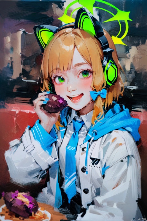 oil_painting, oil-painting-style,(masterpiece, best quality),
1girl, midori \(blue archive\), blue archive, aiamu iamu, holding food, holding, hooded jacket, food, sidelocks, :d, collared shirt, blurry, long sleeves, puffy sleeves, headphones, blue bow, hand up, necktie, upper body, halo, looking at viewer, jacket, sleeves past wrists, blush, nail polish, blue necktie, animal ear headphones, blurry background, blonde hair, shirt, green eyes, hood down, open clothes, depth of field, hood, smile, white jacket, fake animal ears, bow, puffy long sleeves, open jacket, solo, dress shirt, animal ears, white shirt, blue nails, hair bow, long hair, drawstring, sweet potato,