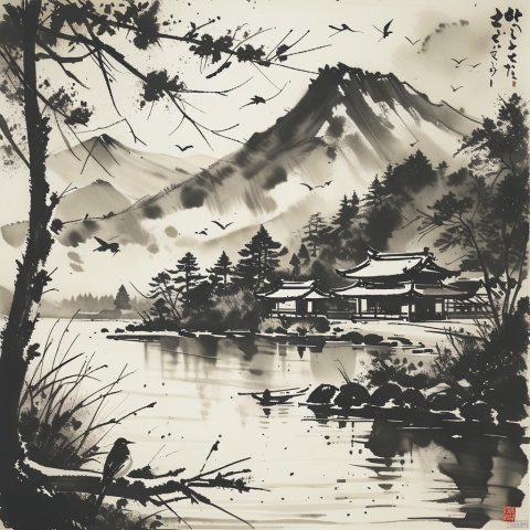  (ink-style, ink_wash_painting),(masterpiece,best quality), scenery, bird, east asian architecture, architecture, water, mountain, outdoors, river, lake,painting \(medium\), traditionalmedia,branch,watercolor\(medium\),