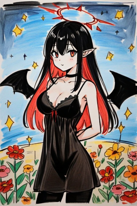  colored_pencil_drawing, colored-pencil-style,high quality,colorful,solo,1girl,(straight hair,Black hair,long hair,colored inner hair,hair between eyes),red eyes,beautiful eyes,(Red Thorn Halo),Bat wings,pointy ears,large breasts,Thorax, cleavage, clavicle,black choker,black nightgown,jacket,black pantyhose,night, stars, on the beach,arms behind back ,night, stars,Starlight, Milky Way, Universe, Planet,Flower bed, black flowers, red flowers, white flowers