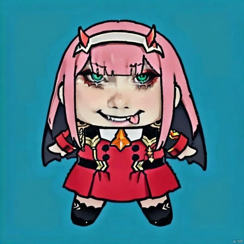  longtu-face,masterpiece, best quality, (masterpiece),(best quality),1girl, aqua_background, aqua_eyes, blue_background, buttons, double-breasted, fangs, green_eyes, hairband, horns, long_hair, looking_at_viewer, military, military_uniform, necktie, pink_hair, sky, solo, tongue, tongue_out, uniform, white_hairband, zero_two_\(darling_in_the_franxx\),style-parody,chibi,full_body