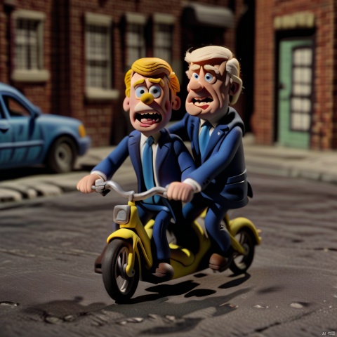claymation-style, clay,close-up of donald trump and Joe Biden in suit, laughing on a tandem bycicle, in a city street, (fingerprints:1.2),  DOF, sharp focus,