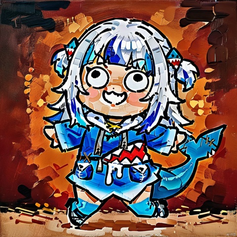  oil painting,oil painting style,style-parody,chibi,full_body,(masterpiece),(best quality),1girl, gawr gura, virtual youtuber, tail, fish tail, shark tail, solo, blue eyes, multicolored hair, grey hair, full body, blue hair, streaked hair, bangs, hair ornament, shark hair ornament, two side up, white background, hood, blunt bangs, shark girl, hoodie, simple background, blue hoodie