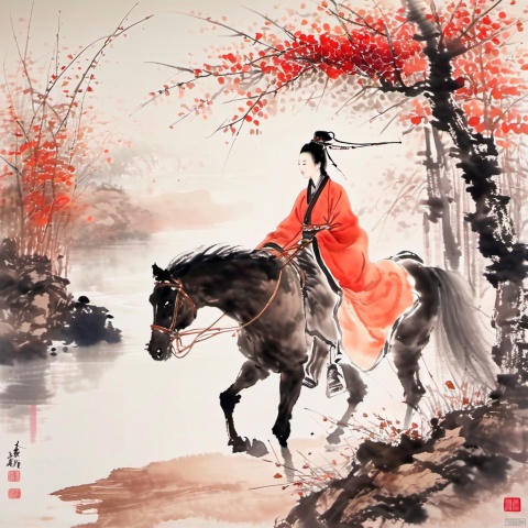  ink-painting,Chinese ink and wash,(1girl:1.5),autumn, autumn_leaves, bare_tree, branch, horseback_riding, outdoors, red_hanfu, solo