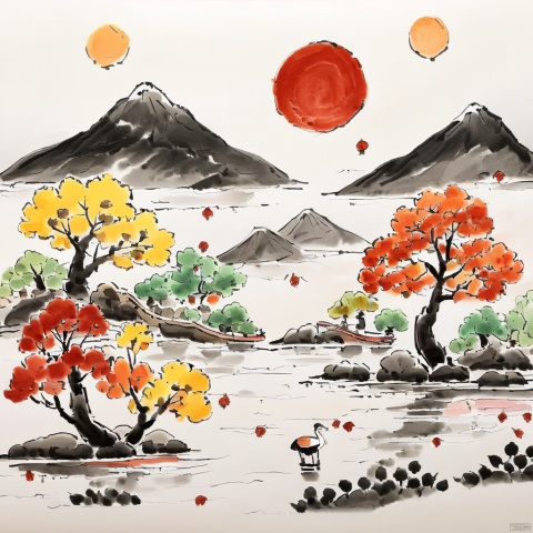  colored_pencil_drawing, masterpiece, best quality, Chinese paiting,full moon,(((Elegant colors in illustrations))),Chinese classical architecture,red-crowned crane,Mountains in the distant view,highres,(white background:1.1),ink wash painting,There are osmanthus trees in the foreground,There is a lake in the distance,There are some rockeries and stones by the riverbank,Red maple tree,There are small boats on the river surface, ghibli, ananmo