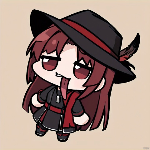  1girl, solo,red hair, black hat, hat feather, red scarf, black jacket, dog_tags,
,chibi,tongue out,long tongue,full body